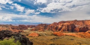 Snow Canyon State Park red rock cliffs and desert valley in southern Utah.