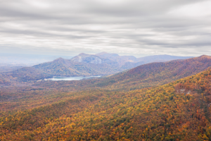 Autumn view of Table Rock Mountain and Lake Jocassee in the Blue Ridge Mountains of North Carolina.