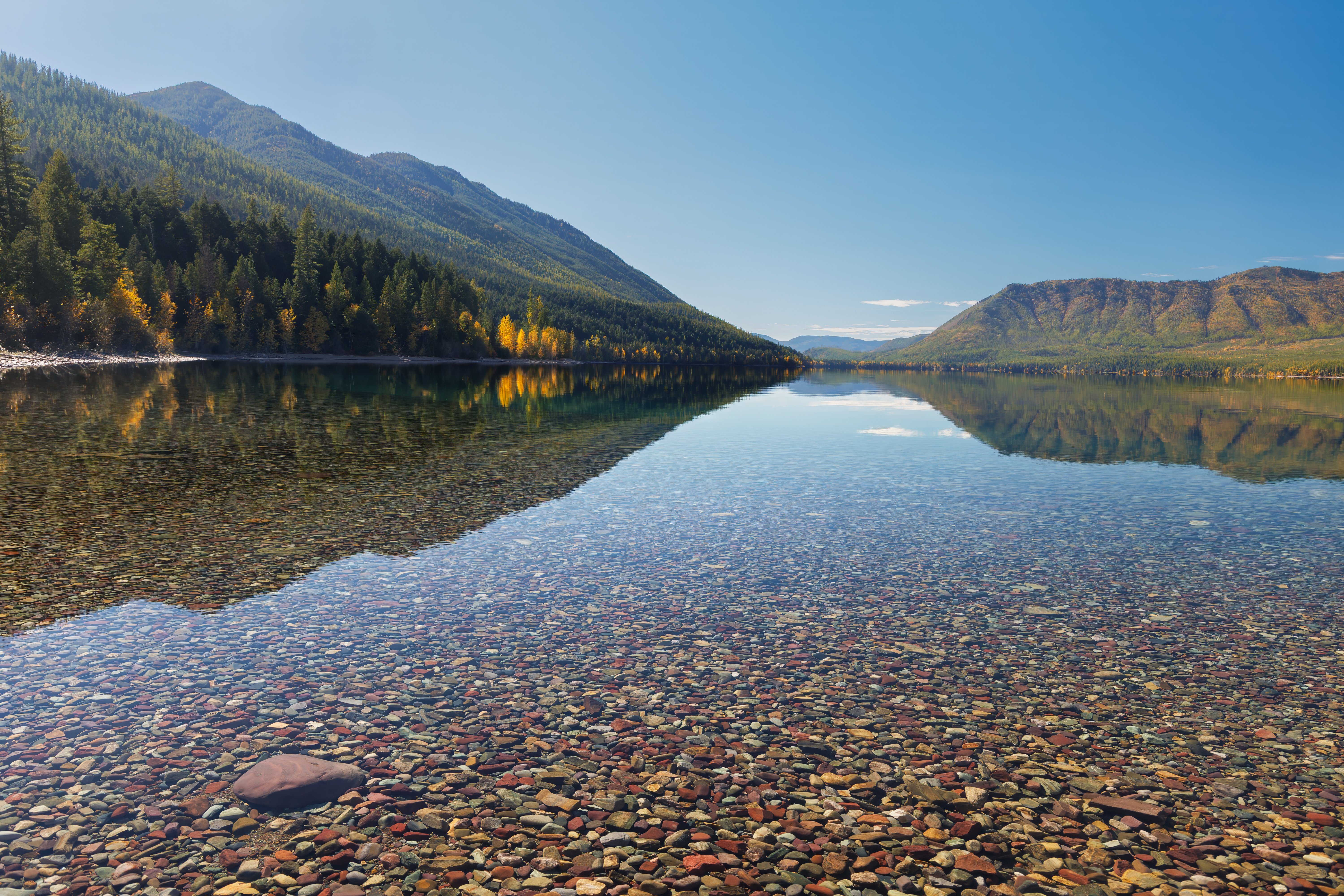 Clear waters of Lake McDonald with colorful stones beneath reflections of forested mountains, Glacier National Park landscape photography