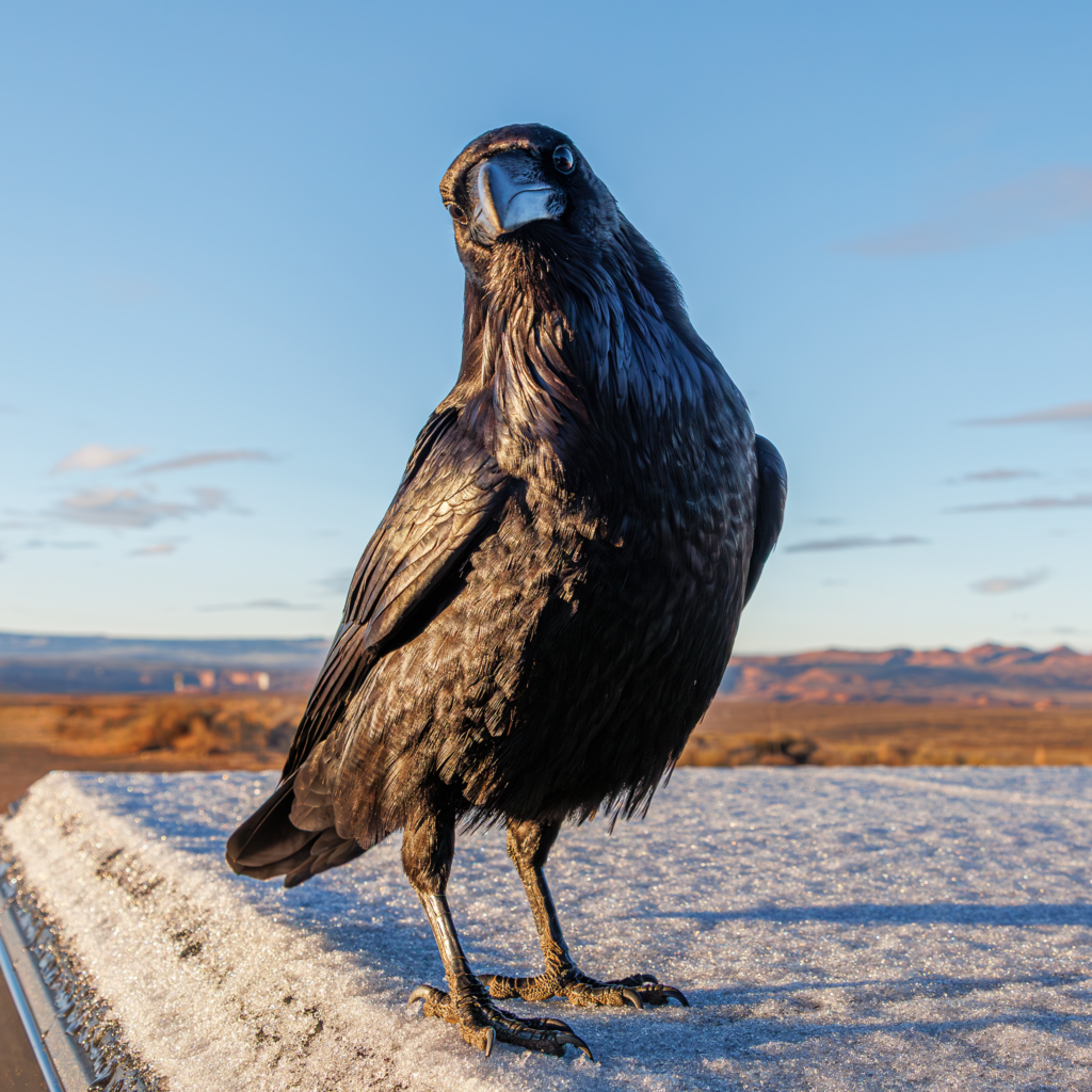 Common raven perched on snowy surface near Lake Powell at sunrise