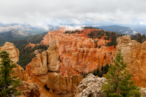 Fog over hoodoos from Rainbow Point in Bryce Canyon National Park Utah
